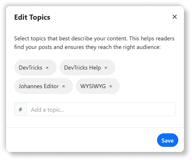 DevTricks modal to set post topics